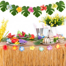 Hawaiian Tropical Party Decorations with 9ft Hawaiian Luau Grass Table Skirt Palm Leaves and Hibiscus Flowers