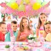 Sharlity Girl Dinosaur Birthday Party Supplies Serves 16, 140 Pcs Pink Dinosaur Party Decorations - Dinosaur Party Plates, Cups, Napkins and Hanging Swirls
