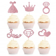 Sharlity 48pcs Bridal Shower Cupcake Toppers for Wedding Glitter Love Diamond Ring Decorations Pink For Engagement Bachelorette Party
