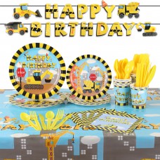 Sharlity Construction Birthday Party Supplies Serve 16, Including Paper Plates Cups Napkins Tablecloth Banner Knifes Forks Spoons for Kids Boys Birthday Party Decorations