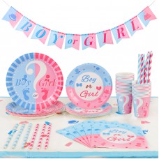 Sharlity Gender Reveal Party Supplies Serve 24, Boy or Girl Paper Plates Cups Napkins Tablecloth Banner for Baby Gender Reveal Party Decorations