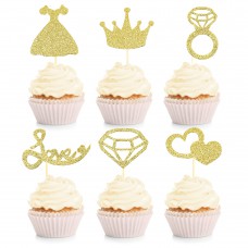 Sharlity 48pcs Bridal Shower Cupcake Toppers for Wedding Glitter Love Diamond Ring Retro gold Decorations For Engagement Bachelorette Party