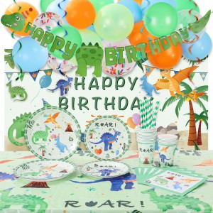 Sharlity Dinosaur Birthday Party Supplies Serves 16, 140 Pcs Dinosaur Party Decorations for Boys - Dinosaur Party Plates, Cups, Napkins and Hanging Swirls