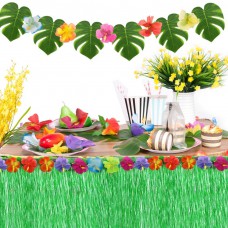 Hawaiian Party Decorations with 9ft Hawaiian Luau Grass Table Skirt Tropical Palm Leaves Tropical Hibiscus Flowers