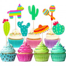 Fiesta Cupcake Toppers 28pcs Mexican Theme Llama Sombrero Cactus Cupcake Toppers for Tropical Summer Party, Cinco De Mayo and West Themed Party