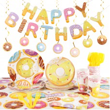 Sharlity Donut Party Supplies Serve 24, Including Paper Plates Cups Napkins Tablecloth Banner Forks Hanging  Swirl for Donut Party Decorations