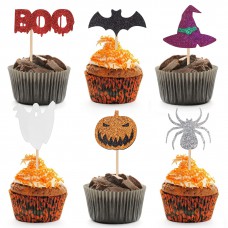 42 Pack Halloween Cupcake Toppers Pumpkin Ghost Witch Halloween Glitter Cupcake Decorations for Baby Shower Bats Halloween Decoration and Birthday Party