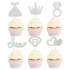 Sharlity 48pcs Bridal Shower Cupcake Toppers for Wedding Glitter Love Diamond Ring Silver Decorations For Engagement Bachelorette Party