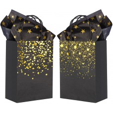 Sharlity 24pcs Black Gold Gift Bags Party Favor Bags with Star Tissue Paper for Birthday Party Wedding Bridal Baby Shower (8.5 x 6.3 x 3.15inch)