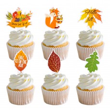 Fall Cupcake Toppers 48pcs Double Sides Maple Leaf and Fox Cupcake Toppers for Harvest Autumn Party, Fall Themed Party
