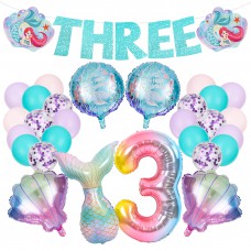 Sharlity Mermaid 3rd Birthday Party Decorations for Girl with Glitter Three Mermaid Banner,Mermaid Balloons,Shell Balloons,Mermaid Tail Balloon for Little Mermaid Ocean Party