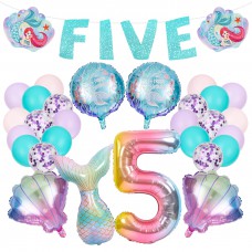 Sharlity Mermaid 5th Birthday Party Decorations for Girl with Glitter Five Mermaid Banner,Mermaid Balloons,Shell Balloons,Mermaid Tail Balloon for Little Mermaid Ocean Party