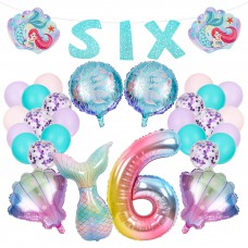 Sharlity Mermaid 6th Birthday Party Decorations for Girl with Glitter SIX Mermaid Banner,Mermaid Balloons,Shell Balloons,Mermaid Tail Balloon for Little Mermaid Ocean Party